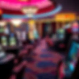 A vibrant casino scene showcasing various gaming tables and slot machines.