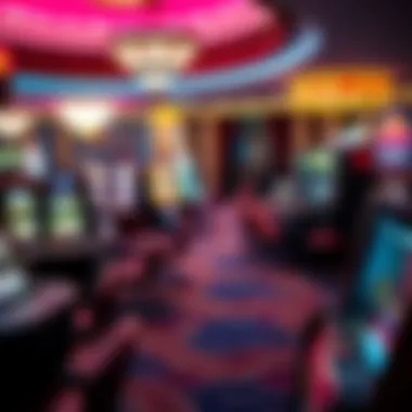 A vibrant casino scene showcasing various gaming tables and slot machines.