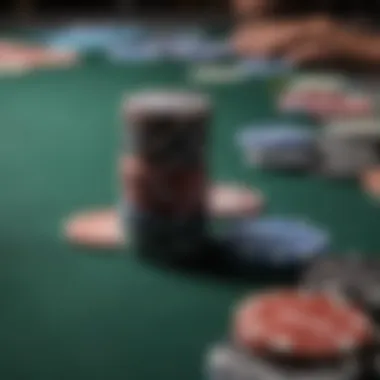 Close-up of poker chips and cards on a poker table ready for a game