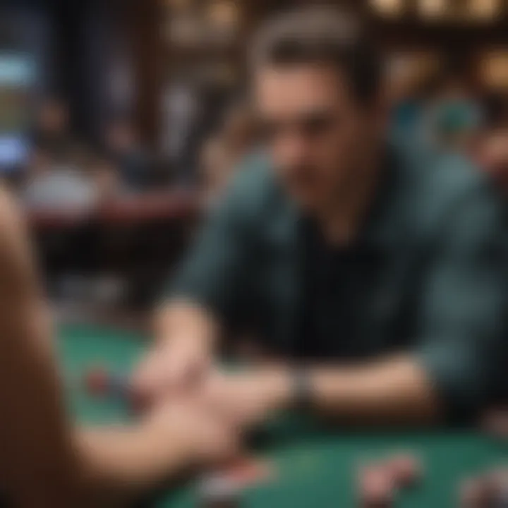 Detailed view of a player strategizing during a poker game